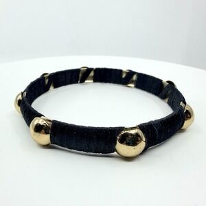 Vintage Black Silk Thread Wrapped Gold Tone Studded Bangle Bracelet Classic